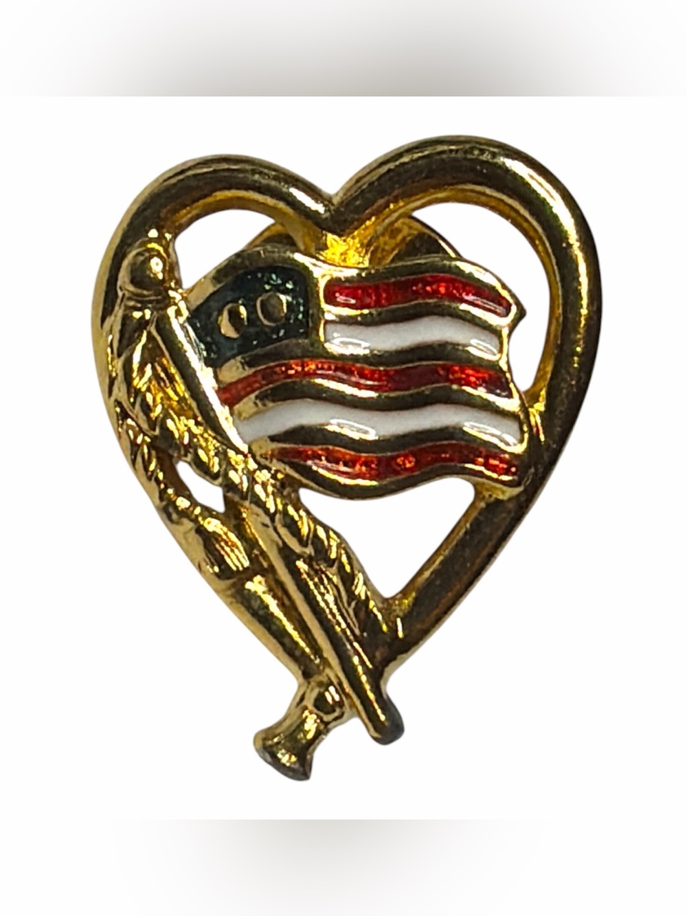 Avon Gold-Tone Heart Brooch with Red, White & Blue Enamel Flag